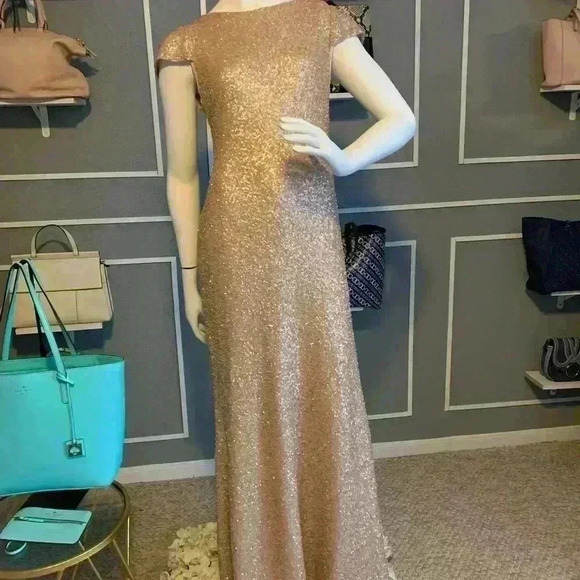 Sorella Vita Cowl Back Sequin Gown Drape Back Gold Cap Sleeve Maxi Dress Sz: 16 - Picture 3 of 15